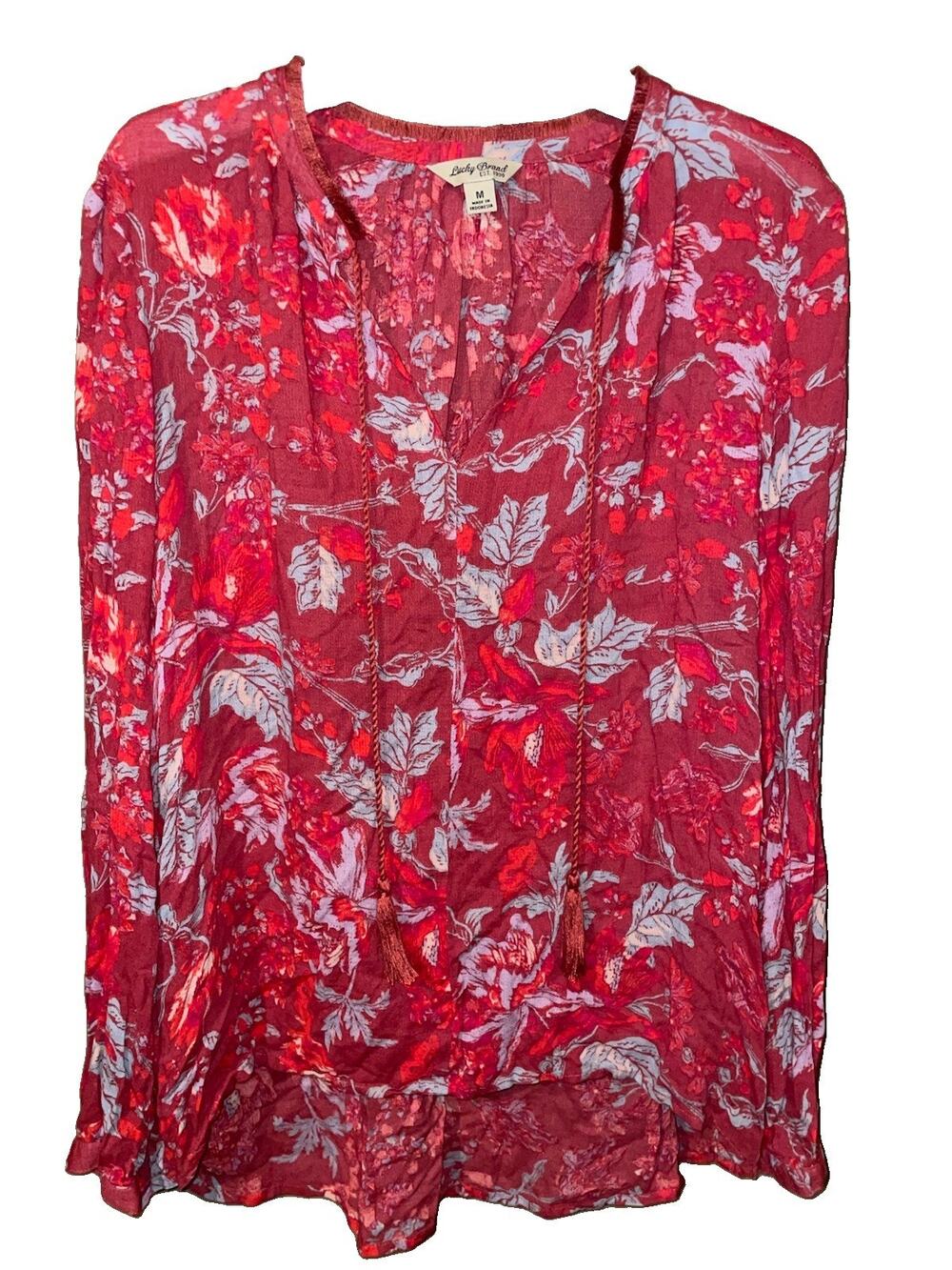 LUCKY BRAND Women’s Tie Neck Boho Floral Print Sheer Long Sleeve Tunic Shirt M